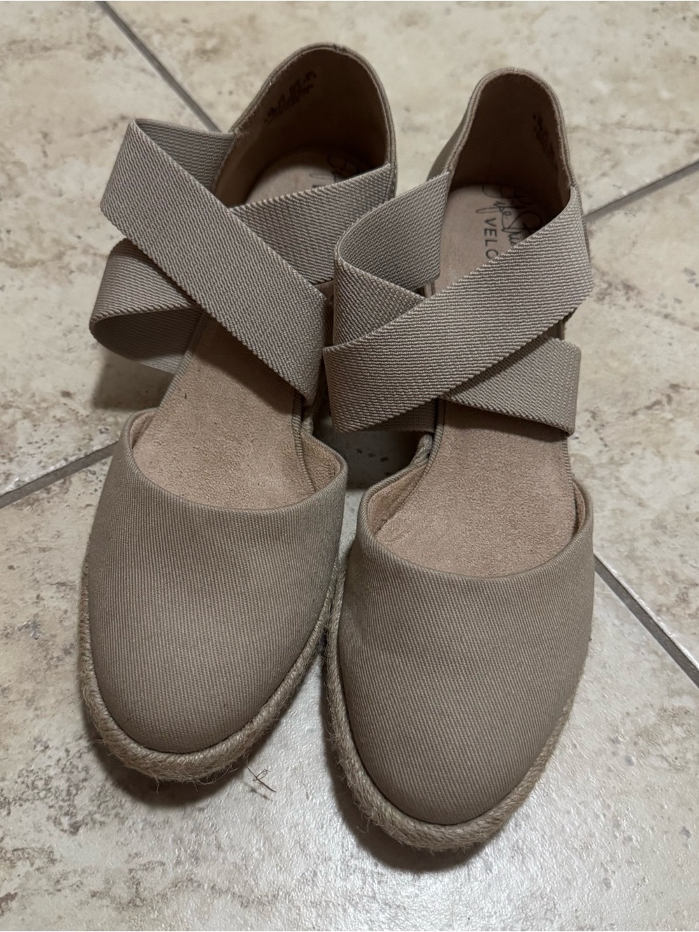 Life Stride Taupe Espadrille Wedge Sandals with Crisscross Elastic Straps